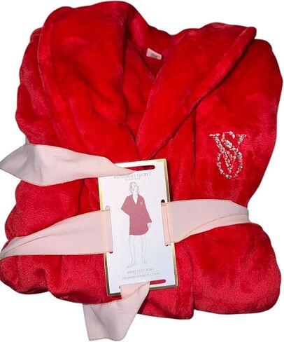 Victoria's Secret Signature Short Cozy Plush Robe Red Belted Wrap with Rhinestone VS Logo New in Saudi Arabia