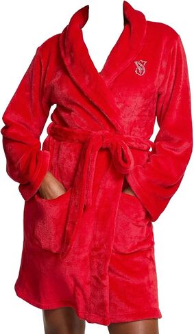 Victoria's Secret Signature Short Cozy Plush Robe Red Belted Wrap with Rhinestone VS Logo New in Saudi Arabia