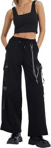 Kisswow Punk Cargo Pants للنساء مع سلاسل - سروال واسع الساق على الطراز القوطي مع رباط | ملابس القوطية ايمو الحفلة الموسيقية in Kuwait