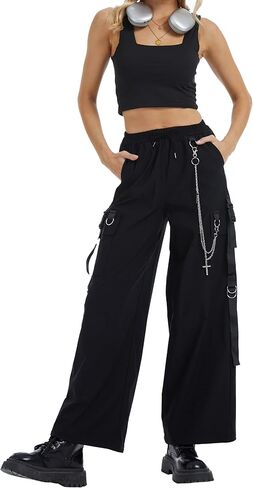 Kisswow Punk Cargo Pants للنساء مع سلاسل - سروال واسع الساق على الطراز القوطي مع رباط | ملابس القوطية ايمو الحفلة الموسيقية in Kuwait