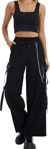 Kisswow Punk Cargo Pants للنساء مع سلاسل - سروال واسع الساق على الطراز القوطي مع رباط | ملابس القوطية ايمو الحفلة الموسيقية in Kuwait