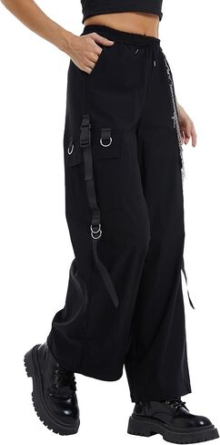 Kisswow Punk Cargo Pants للنساء مع سلاسل - سروال واسع الساق على الطراز القوطي مع رباط | ملابس القوطية ايمو الحفلة الموسيقية in Kuwait
