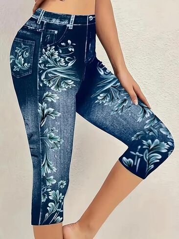 Womens Elastic High Wasisted Plus Size Floral Fake Jeans Denim Print Casual Lounge Workout Capri Pants in Saudi Arabia