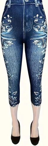 Womens Elastic High Wasisted Plus Size Floral Fake Jeans Denim Print Casual Lounge Workout Capri Pants in Saudi Arabia
