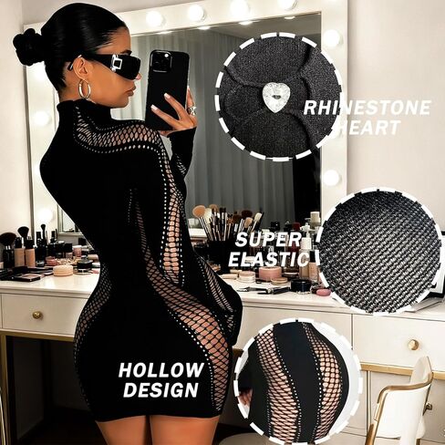 Sexy Long Sleeve Club Outfits for Women, High Neck Bodycon Mini Going Out Hollowed Out Rhinestone Tight Short Dress in Kuwait