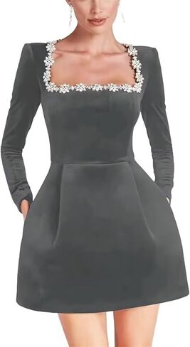 Dymaisei Crystal Square Neck Wedding Dresses for Brides Short Long Sleeve Prom Dress Velvet Wedding Guest Gown with Pockets in Saudi Arabia