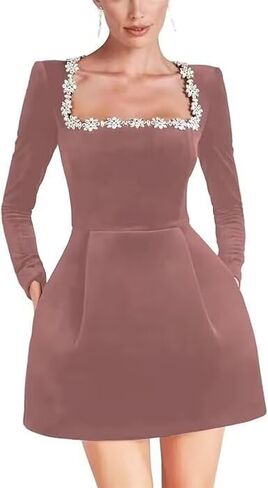 Dymaisei Crystal Square Neck Wedding Dresses for Brides Short Long Sleeve Prom Dress Velvet Wedding Guest Gown with Pockets in Saudi Arabia