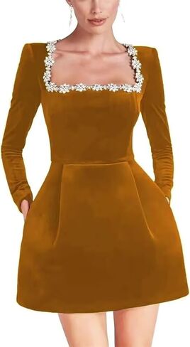 Dymaisei Crystal Square Neck Wedding Dresses for Brides Short Long Sleeve Prom Dress Velvet Wedding Guest Gown with Pockets in Saudi Arabia