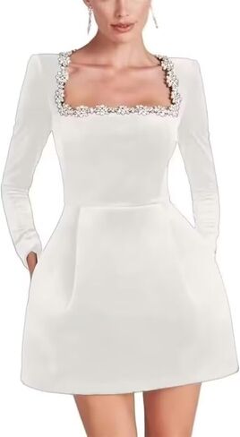 Dymaisei Crystal Square Neck Wedding Dresses for Brides Short Long Sleeve Prom Dress Velvet Wedding Guest Gown with Pockets in Saudi Arabia