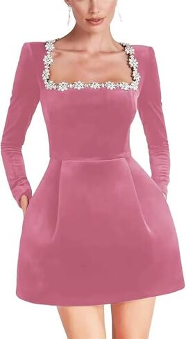 Dymaisei Crystal Square Neck Wedding Dresses for Brides Short Long Sleeve Prom Dress Velvet Wedding Guest Gown with Pockets in Saudi Arabia