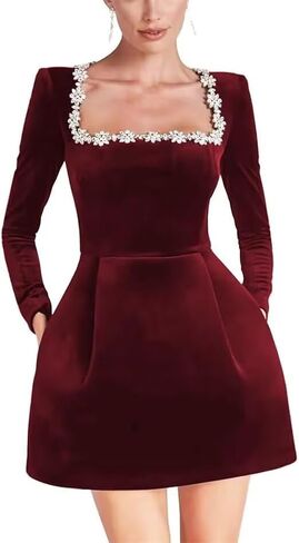 Dymaisei Crystal Square Neck Wedding Dresses for Brides Short Long Sleeve Prom Dress Velvet Wedding Guest Gown with Pockets in Saudi Arabia