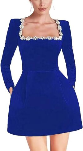 Dymaisei Crystal Square Neck Wedding Dresses for Brides Short Long Sleeve Prom Dress Velvet Wedding Guest Gown with Pockets in Saudi Arabia