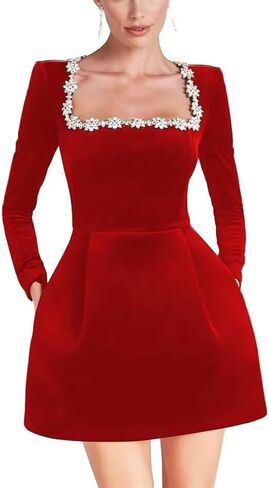 Dymaisei Crystal Square Neck Wedding Dresses for Brides Short Long Sleeve Prom Dress Velvet Wedding Guest Gown with Pockets in Saudi Arabia