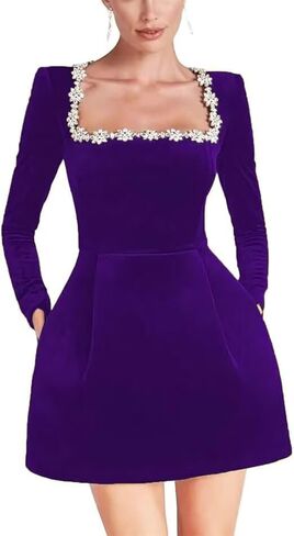 Dymaisei Crystal Square Neck Wedding Dresses for Brides Short Long Sleeve Prom Dress Velvet Wedding Guest Gown with Pockets in Saudi Arabia