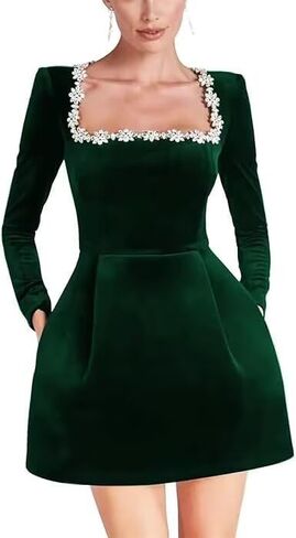 Dymaisei Crystal Square Neck Wedding Dresses for Brides Short Long Sleeve Prom Dress Velvet Wedding Guest Gown with Pockets in Saudi Arabia