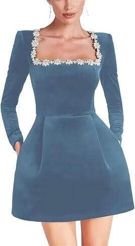 Dymaisei Crystal Square Neck Wedding Dresses for Brides Short Long Sleeve Prom Dress Velvet Wedding Guest Gown with Pockets in Saudi Arabia