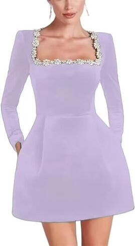 Dymaisei Crystal Square Neck Wedding Dresses for Brides Short Long Sleeve Prom Dress Velvet Wedding Guest Gown with Pockets in Saudi Arabia