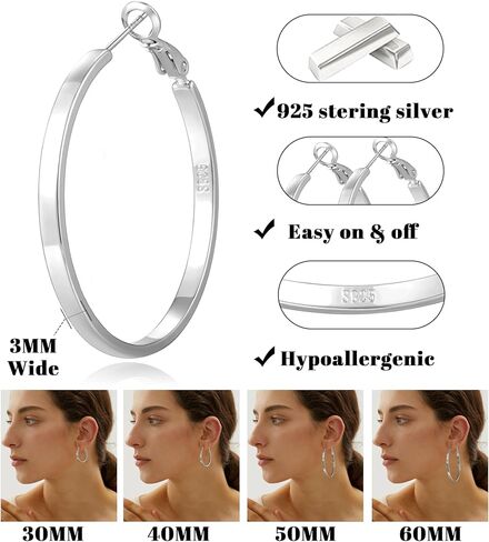 S925 Sterling Silver Post Hoop Earrings for Women Large Lightweight Silver Hoop Earrings 3mm Wide Thin Big Hoop Earrings for Women 30/40/50/60mm in Saudi Arabia