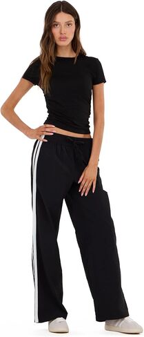 Forever 21 Womens Nylon Wide Leg Pant with 2 Stripes Down The Sides Elasticated Drawstring Waist in Saudi Arabia