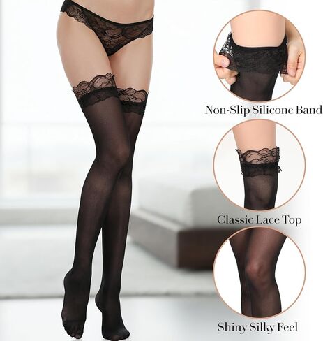 3 Pairs Thigh High Stockings for Women, Lace Top Sexy Thigh Highs Pantyhose, Silicone Stay Up Silky Semi Sheer Pantyhose, Sexy Lingerie Stocking in Saudi Arabia