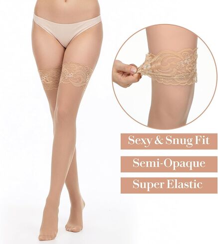 3 Pairs Thigh High Stockings for Women, Lace Top Sexy Thigh Highs Pantyhose, Silicone Stay Up Silky Semi Sheer Pantyhose, Sexy Lingerie Stocking in Saudi Arabia