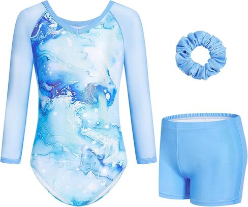 Gogokids Gymnastics Leotards for Girls Sparkly Marble Mesh 3/4 Sleeve Ballet Dance Unitards Biketards with Shorts for 3-12Y in Saudi Arabia
