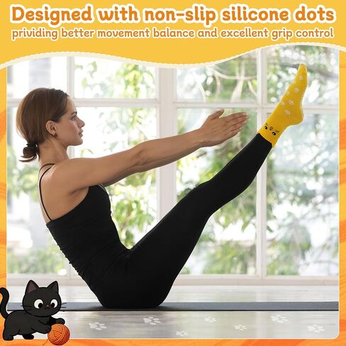 5 Pair Cute Cat Pilates Socks with Grips for Women Cotton Non Slip Grippy Socks with Cat Paw Pattern for Barre Workout Hospital in Saudi Arabia