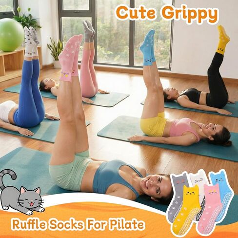 5 Pair Cute Cat Pilates Socks with Grips for Women Cotton Non Slip Grippy Socks with Cat Paw Pattern for Barre Workout Hospital in Saudi Arabia