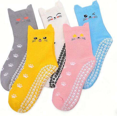 5 Pair Cute Cat Pilates Socks with Grips for Women Cotton Non Slip Grippy Socks with Cat Paw Pattern for Barre Workout Hospital in Saudi Arabia