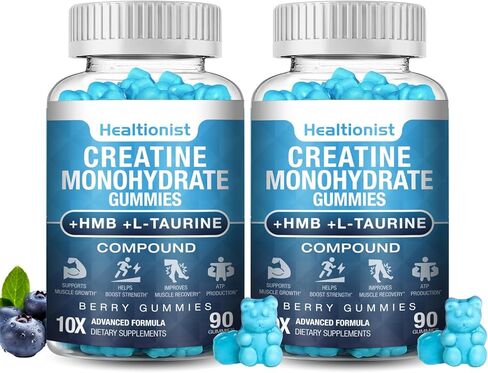 عبوتان من علكات الكرياتين HMB مونوهيدرات 8000 ملغ للرجال والنساء، إل-كارنيتين، إل-تورين وفيتامين ب6 12، 180 نكهة التوت الأزرق (كمية تكفي 60 يومًا) in Kuwait