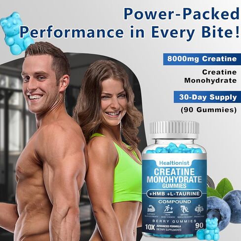 عبوتان من علكات الكرياتين HMB مونوهيدرات 8000 ملغ للرجال والنساء، إل-كارنيتين، إل-تورين وفيتامين ب6 12، 180 نكهة التوت الأزرق (كمية تكفي 60 يومًا) in Kuwait