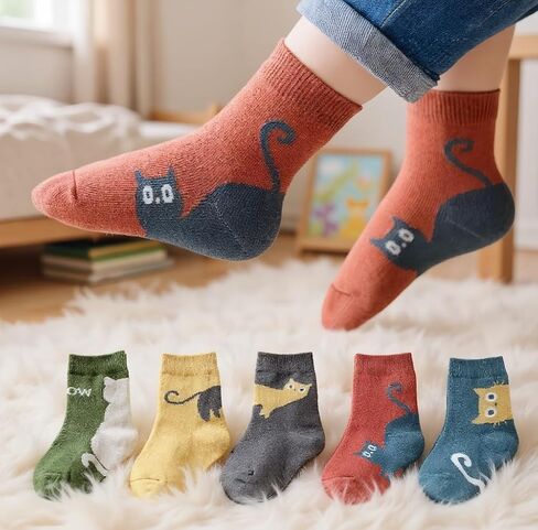 5 Pairs of Four Seasons Baby Socks Spring And Autumn Cartoon Kitten Winter Medium Tube Boys Girls in Saudi Arabia