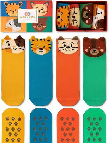 bony&katia Kids Animal Socks 4 Pair Gift Box - Non-Slip Crew Socks for Boys & Girls - Soft Cotton, Cat Bear Tiger Design in Saudi Arabia