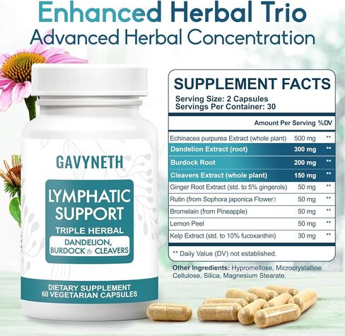 Lymphatic Drainage Supplements for Lymph System Support – Echinacea, Dandelion & Burdock for Immune & Circulation Support, Vegan Herbal Formula for Women & Men, 60 Capsules in Saudi Arabia
