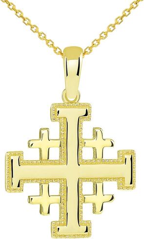 14k Yellow Gold Religious Crusaders Jerusalem Cross Pendant Necklace in Saudi Arabia