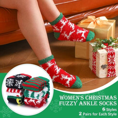 12 Pairs Christmas Fuzzy Socks for Women Fleece Cozy Fluffy Ankle Soft Slipper Socks for Xmas Holiday Cabin Winter Gifts in Saudi Arabia