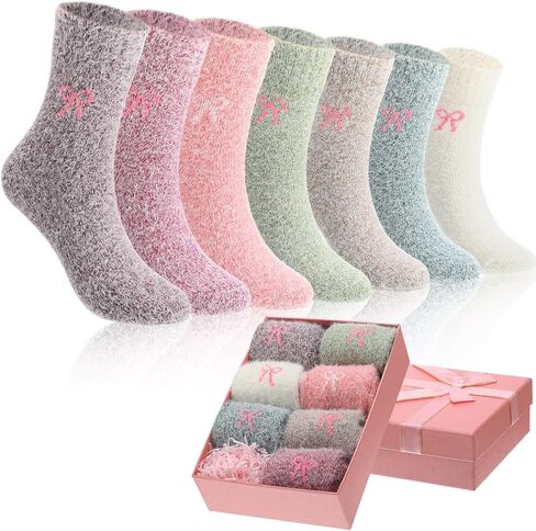 Suhine 7 Pairs Women Bow Fuzzy Socks with Gift Box Cozy Thick Fluffy Mink Wool Fleece Slipper Socks Coquette Bow for Winter Gift Warm Spa Home Sleeping Sock, Pink Series in Saudi Arabia