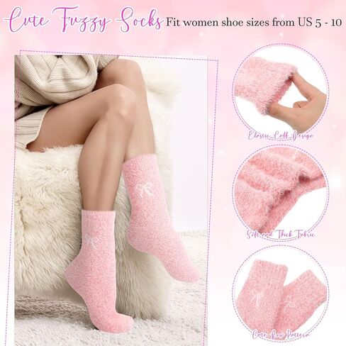 Suhine 7 Pairs Women Bow Fuzzy Socks with Gift Box Cozy Thick Fluffy Mink Wool Fleece Slipper Socks Coquette Bow for Winter Gift Warm Spa Home Sleeping Sock, Pink Series in Saudi Arabia