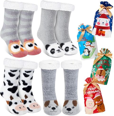 Foaincore 4 Pack Fuzzy Animal Socks for Women with Grippers Cute Fuzzy Cat Slipper Socks Fluffy Cozy Thick Plush Fleece Lining Non Slip Winter Christmas Stuffed Slipper Sock with Gift Bag in Saudi Arabia