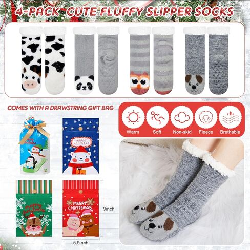 Foaincore 4 Pack Fuzzy Animal Socks for Women with Grippers Cute Fuzzy Cat Slipper Socks Fluffy Cozy Thick Plush Fleece Lining Non Slip Winter Christmas Stuffed Slipper Sock with Gift Bag in Saudi Arabia