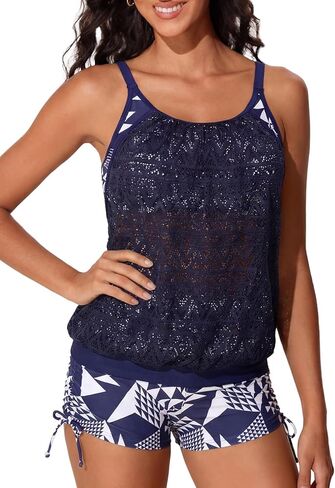 Summer Mae Blouson Tankini Swimsutis for Women 2026 Modest Tummy Control Bathing Suits Lace Hollow Out Swimwear in Saudi Arabia