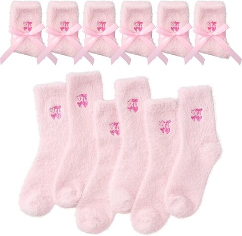 Geyoga 6 Pairs Pink Fuzzy Socks for Women Cozy Bow Fuzzy Slipper Socks Fluffy Sock Gift for Valentines Winter Home in Saudi Arabia