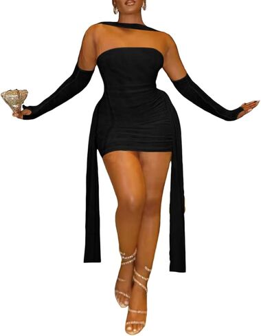 Sexy Strapless Tube Top Mesh Mini Dress for Women Bodycon Ruched Ribbons Birthday Date Night Dresses in Saudi Arabia