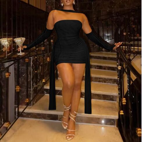 Sexy Strapless Tube Top Mesh Mini Dress for Women Bodycon Ruched Ribbons Birthday Date Night Dresses in Saudi Arabia
