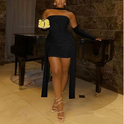 Sexy Strapless Tube Top Mesh Mini Dress for Women Bodycon Ruched Ribbons Birthday Date Night Dresses in Saudi Arabia