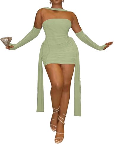 Sexy Strapless Tube Top Mesh Mini Dress for Women Bodycon Ruched Ribbons Birthday Date Night Dresses in Saudi Arabia