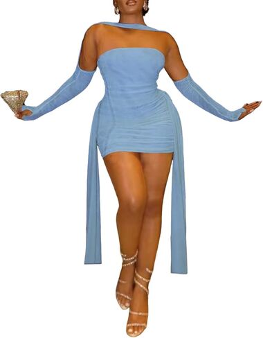 Sexy Strapless Tube Top Mesh Mini Dress for Women Bodycon Ruched Ribbons Birthday Date Night Dresses in Saudi Arabia