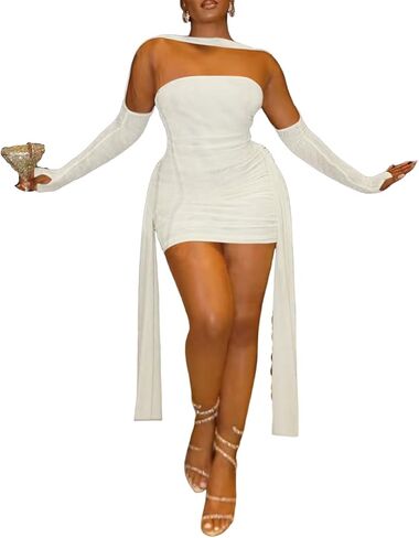 Sexy Strapless Tube Top Mesh Mini Dress for Women Bodycon Ruched Ribbons Birthday Date Night Dresses in Saudi Arabia