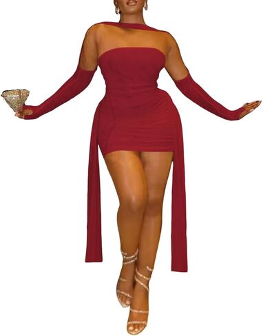 Sexy Strapless Tube Top Mesh Mini Dress for Women Bodycon Ruched Ribbons Birthday Date Night Dresses in Saudi Arabia