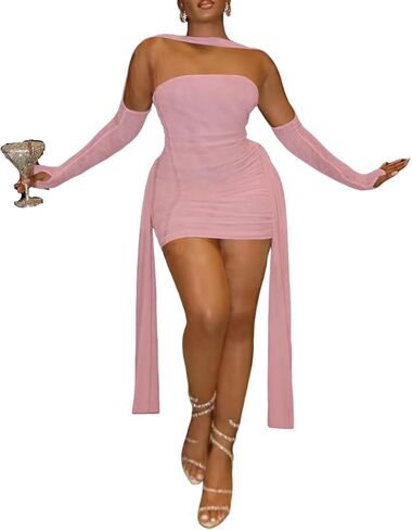 Sexy Strapless Tube Top Mesh Mini Dress for Women Bodycon Ruched Ribbons Birthday Date Night Dresses in Saudi Arabia